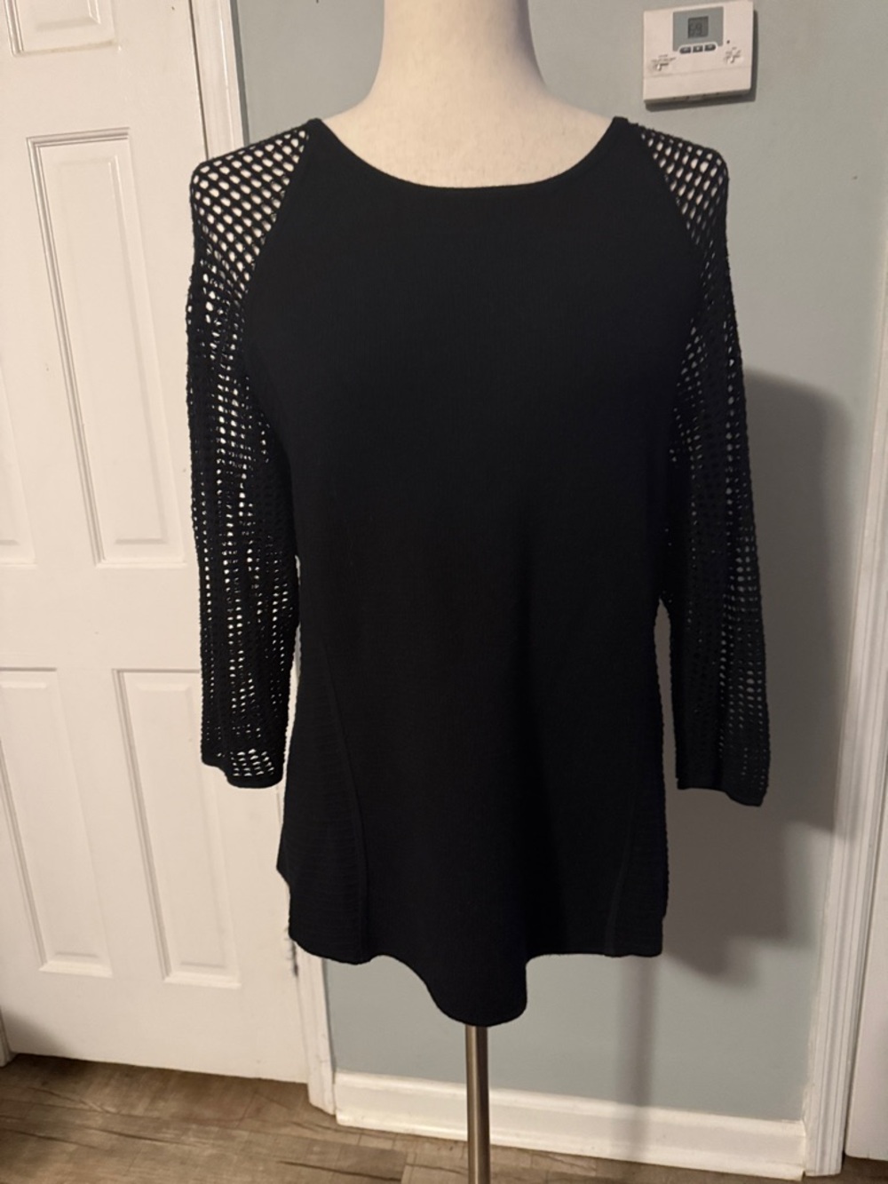 Black Open-Knit Sleeve Short Sleeve Top - Women